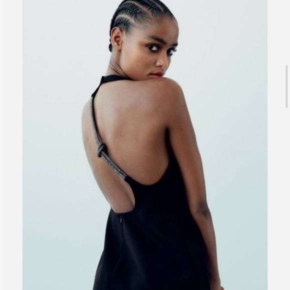 Zara Woman Rhinestone Shiny Back Cord Details Black Halter Dress Size M - Picture 7 of 15